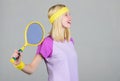 Active leisure and hobby. Tennis sport and entertainment. Girl adorable blonde play tennis. Start play game. Sport for Royalty Free Stock Photo