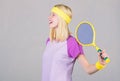 Active leisure and hobby. Tennis sport and entertainment. Girl adorable blonde play tennis. Start play game. Sport for Royalty Free Stock Photo