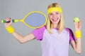 Active leisure and hobby. Tennis sport and entertainment. Tennis club concept. Girl adorable blonde play tennis. Sport Royalty Free Stock Photo