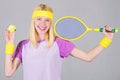 Active leisure and hobby. Tennis sport and entertainment. Tennis club concept. Girl adorable blonde play tennis. Sport Royalty Free Stock Photo