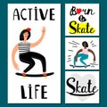 Active life girl vector banners. Teenage skateboarding illustration