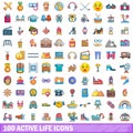 100 active life icons set, cartoon style Royalty Free Stock Photo