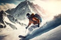 Active lifestyle athlete skier gliding down mountain in snow skiing, generative ai