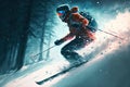Active lifestyle athlete skier gliding down mountain in snow skiing, generative ai