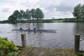 Active lifestyle. Boat rowing training. Grandmothers are engaged in rowing on one of the channels of the Netherlands.