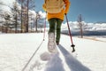 Close up photo of woman& x27;s legs walking in deep snow Royalty Free Stock Photo