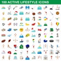 100 active lifestyle icons set, cartoon style Royalty Free Stock Photo