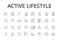 Active lifestyle line icons collection. Vibrant health, Dynamic living, Robust fitness, Energetic movement, Agile motion