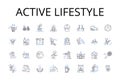 Active lifestyle line icons collection. Vibrant health, Dynamic living, Robust fitness, Energetic movement, Agile motion