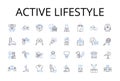 Active lifestyle line icons collection. Vibrant health, Dynamic living, Robust fitness, Energetic movement, Agile motion