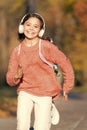 Active lifestyle music play list. Music always with me. Girl cute child with headphones. Reasons you should use