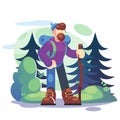 Active lifestyle, tourism concept. A young man hiker is standing in a forest with a backpack - Flat Vector illustration