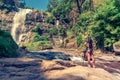 Beautiful woman make photo Mae Ya Waterfall is one of the most beautiful cascades in Doi Inthanon national park, Chiang Mai. Royalty Free Stock Photo