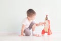 Active little boy playing the rocket toys, Child showing rocket toy with happy face, Children or Toddler learning and Royalty Free Stock Photo