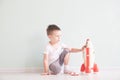 Active little boy playing the rocket toys, Child showing rocket toy with happy face, Children or Toddler learning and Royalty Free Stock Photo