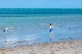 Active little kid boy having fun on Miami beach, Key Biscayne. Happy cute child running near ocean on warm sunny day Royalty Free Stock Photo