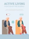 Active living in elderly age banner with old lady, flat vector illustration. Royalty Free Stock Photo