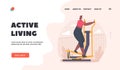 Active Living Landing Page Template. African Woman Running on Treadmill in House Yard. Girl in Sportswear Exercising