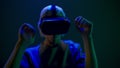 Active man dancing moving metaverse game closeup. Gamer playing 3D simulation