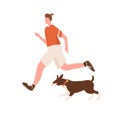 Active man enjoy morning jogging with dog vector flat illustration. Athletic male in sportswear running with pet outdoor