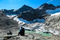 An active man resting and enjoying the view on glacier lakes in the Hohe Tauern mountain chain in Carinthia, Austria