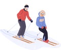 Active mature couple in sportswear ride on ski. Eldery man and woman enjoying outdoor winter physical activity. Vector