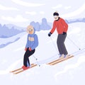 Active mature couple in sportswear ride on ski. Eldery man and woman enjoying outdoor winter physical activity. Vector