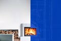 Active Modern Fireplace. Split screen from drawing to photo