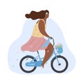 Active modern romantic african girl on a blue bike with flowers in basket. Modern flat illustration side view. Summer sports