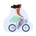 Active modern romantic african girl wit leg prosthesis on blue bike with flowers in basket. Modern flat illustration side view.