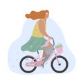 Active modern romantic girl with leg prosthesis on pink bike with flowers in basket. Modern flat illustration side view. Summer Royalty Free Stock Photo