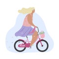 Active modern romantic girl on a pink bike with flowers in basket. Modern flat illustration side view. Summer sports lifestyle