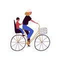 Active mother and son ride on bike vector flat illustration. Happy family cycling together isolated on white background