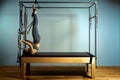 Active motivated woman does exercises in bed reformer, beauty and health. Plastic, posture, smart fitness.