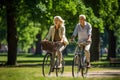 active old age, people and lifestyle concept - happy senior couple riding bicycles at summer park Royalty Free Stock Photo