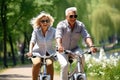 active old age, people and lifestyle concept - happy senior couple riding bicycles at summer park Royalty Free Stock Photo