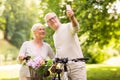 Senior couple with bicycles taking selfie at park Royalty Free Stock Photo