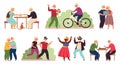 Active old people. Senior group activity, diverse elderly couple party. Fun retirement, cartoon dancing grandparents Royalty Free Stock Photo