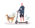 Active old people walking with dog and riding electric scooter. Modern bearded senior man driving eco urban transport Royalty Free Stock Photo