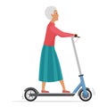 Active old woman on electric scooter flat vector illustration. Lady pensioner cartoon character riding eco friendly city Royalty Free Stock Photo