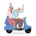 Active older man and woman driving scooter