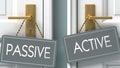 Active or passive as a choice in life - pictured as words passive, active on doors to show that passive and active are different Royalty Free Stock Photo