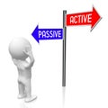 Active and passive - signpost with two arrows, cartoon character