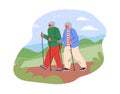 Active pensioners couple doing nordic walking with sticks in natural landscape, vector healthy outdoor sport activity