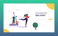 Active People Character in Park Landing Page. Healthy Lifestyle Concept. Man Riding Electric Skate , Woman Roller Skate