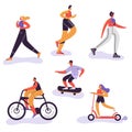 Active People Exercising. Outdoor Activities Running Woman, Girl Riding Bicycle, Man Run Marathon. Characters Royalty Free Stock Photo