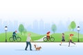 Active people exercising at public park, jogging, cycling and walking with dog. Healthy lifestyle, outdoor leisure