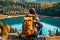 Backpacker woman with backpack enjoying the turquoise mountain lake. AI Generative