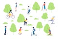 Active people in park. Spring activities, person ride bicycle or skateboard. Outdoor activity on nature, family walk on