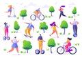 Active people in the park. Summer outdoor. Man and woman characters running, riding bicycle, skateboarding, roller skates, fitness